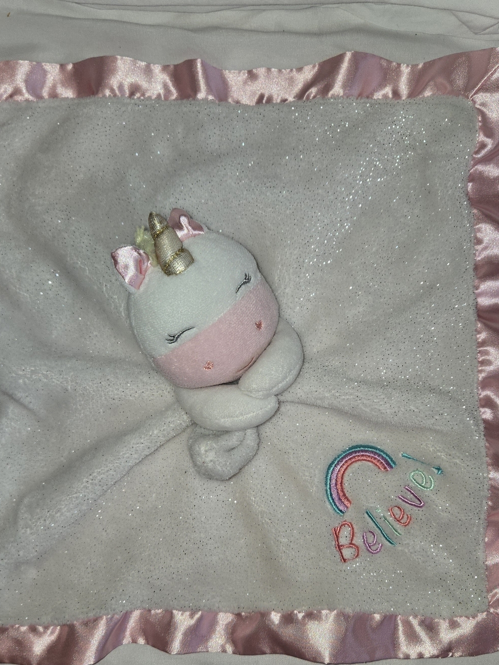 Baby Starters Pink and Cream Unicorn Lovey with Satin Trim